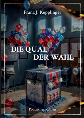 dunkler Raum mit Kiste in der Mitte geschmückt mit blauen, roten, weißen Luftballons