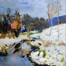 Winterlandschaft mit Bach und Bäumen Winterlandschaft mit Bach und Bäumen